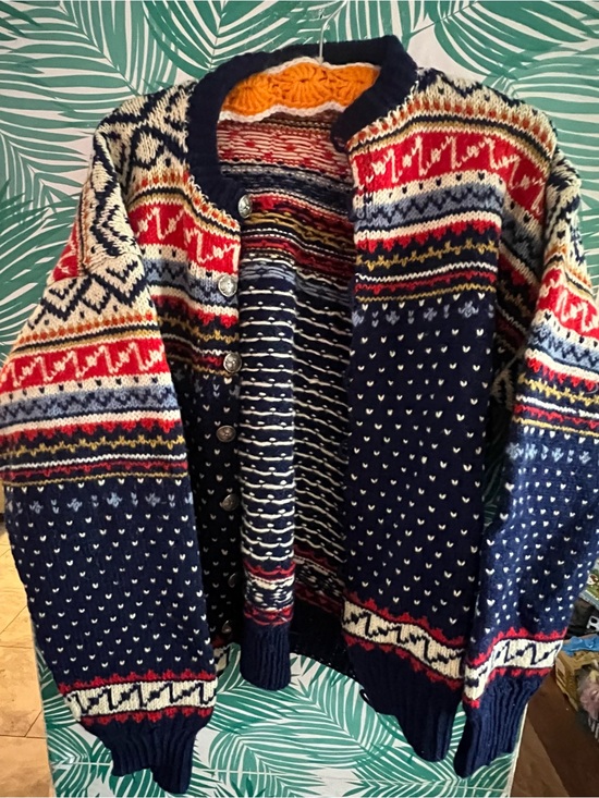 Sweaters - Navy Nordic Fair Isle hand Knit wool Sweater Cardigan vintage metal buttons